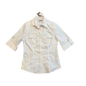 NWT Bebe Vintage White Striped 3/4 Sleeve Button Up Collared Shirt M